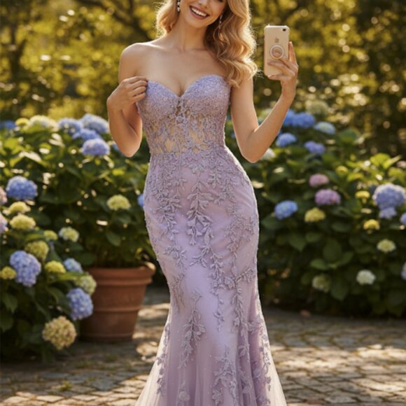 Romantic Lavender Lace Appliqué Mermaid Gown - Picture 1 of 6